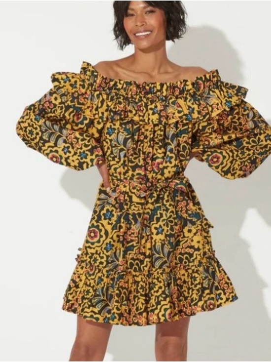 Cleobella Dresses & Skirts - Cleobella Yellow Floral Off-Shoulder Ruffle Mini Dress